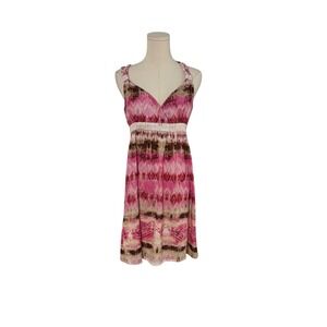 Mudd Y2K Babydoll Sun Dress Boho Ikat Tribal Print Braided Straps Pink  Womens L